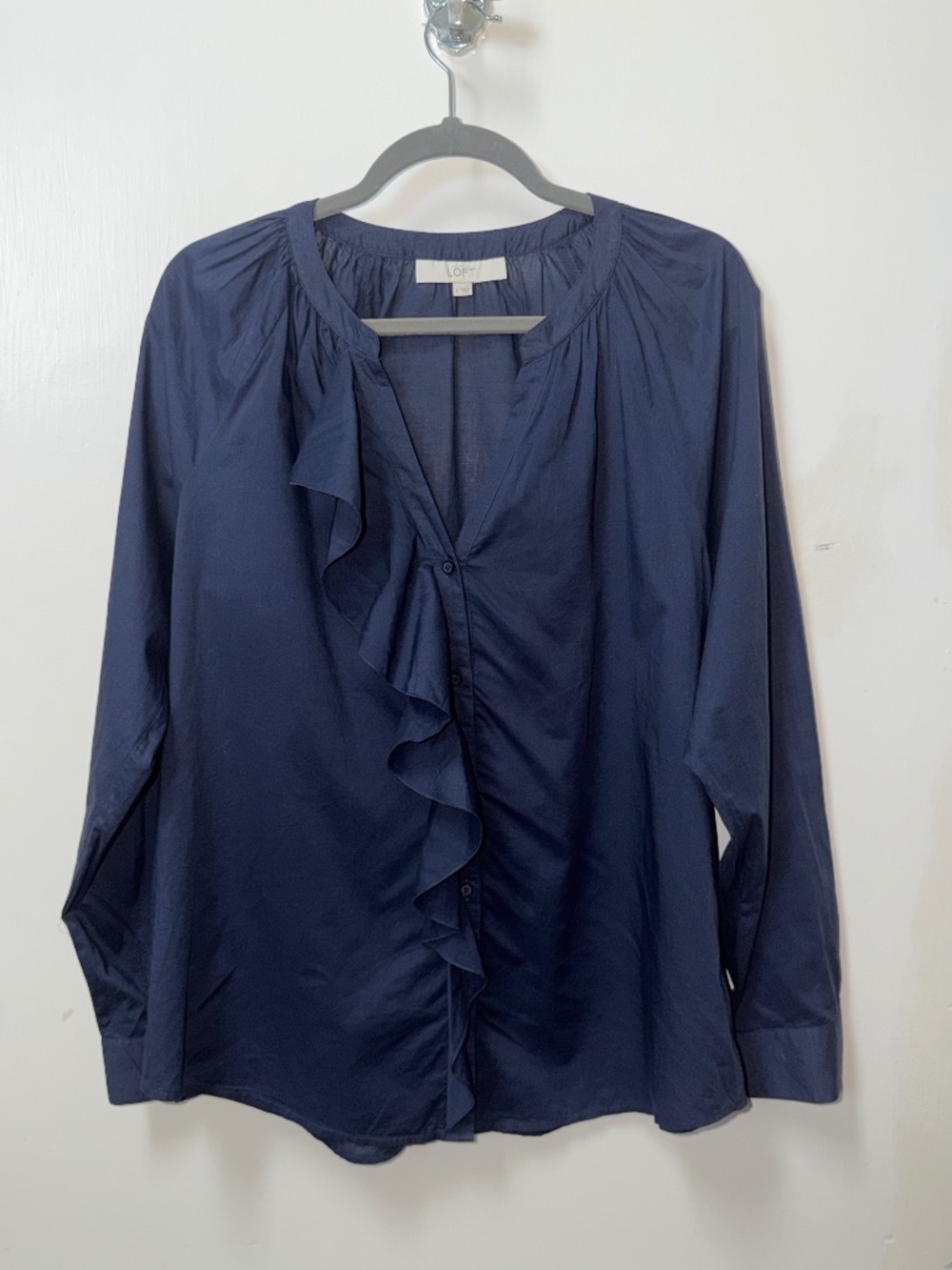 LOFT navy blue ruffle-front long-sleeve blouse